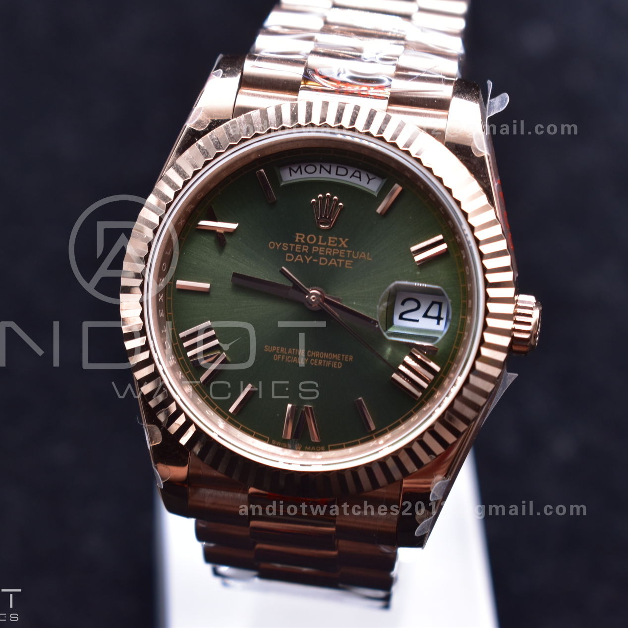DayDate 40 RG GMF Tungsten Weighted 904L Steel Green Dial Roman Markers on President Bracelet A2836 V2